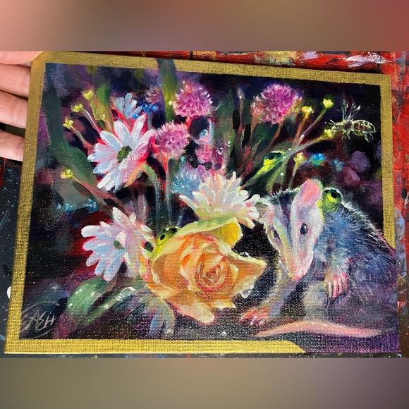 Original opossum Unique Acrylic Painting Bee Flowers Art 7x9